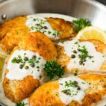 Chicken scallopini topped with a lemon cream sauce.