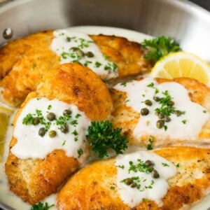 Chicken scallopini topped with a lemon cream sauce.