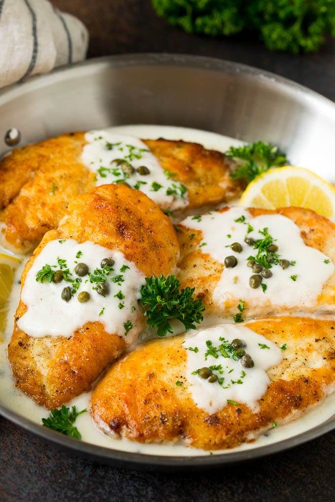 Chicken scallopini topped with a lemon cream sauce.