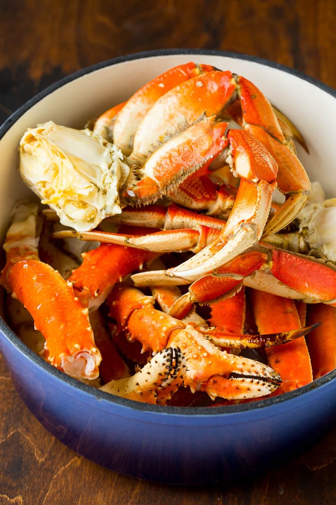 A pot of dungeness, king and snow crab.