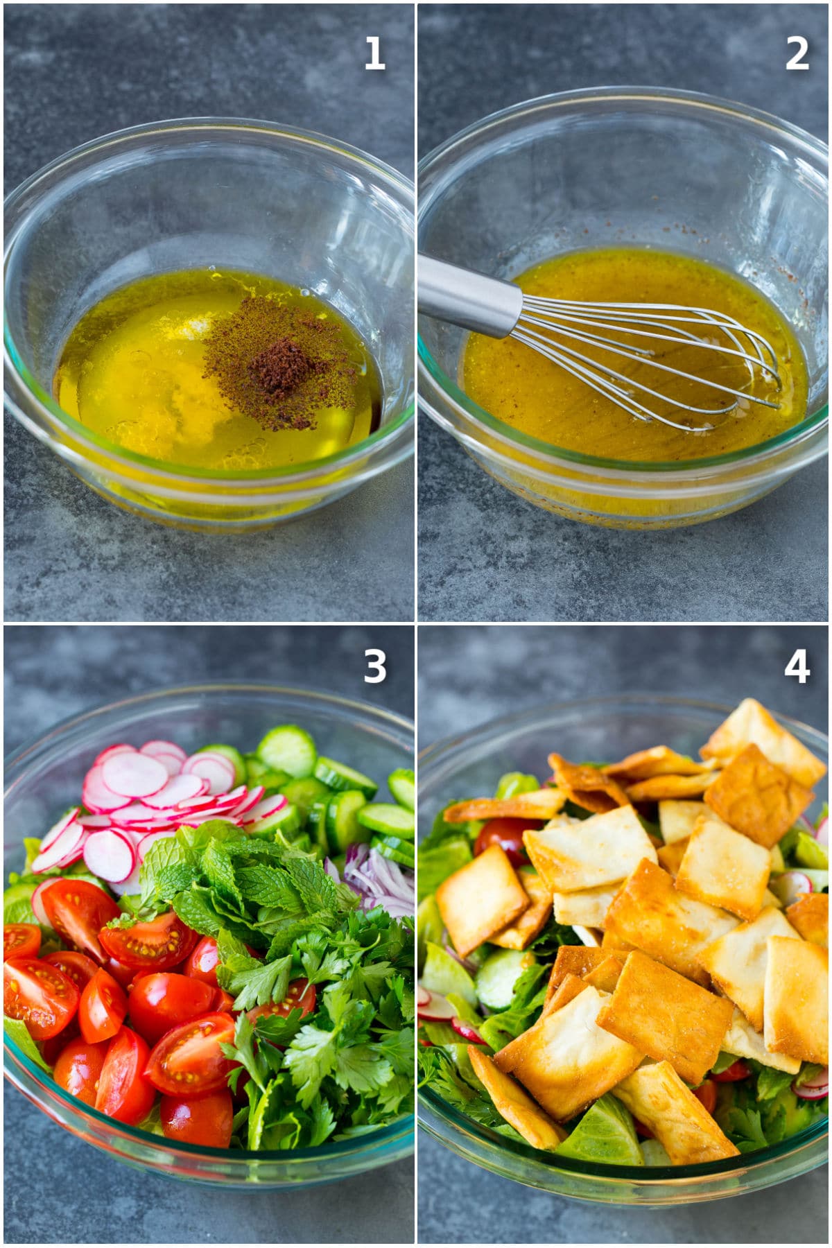 Step by step photos showing how to make dressing and assemble salad.
