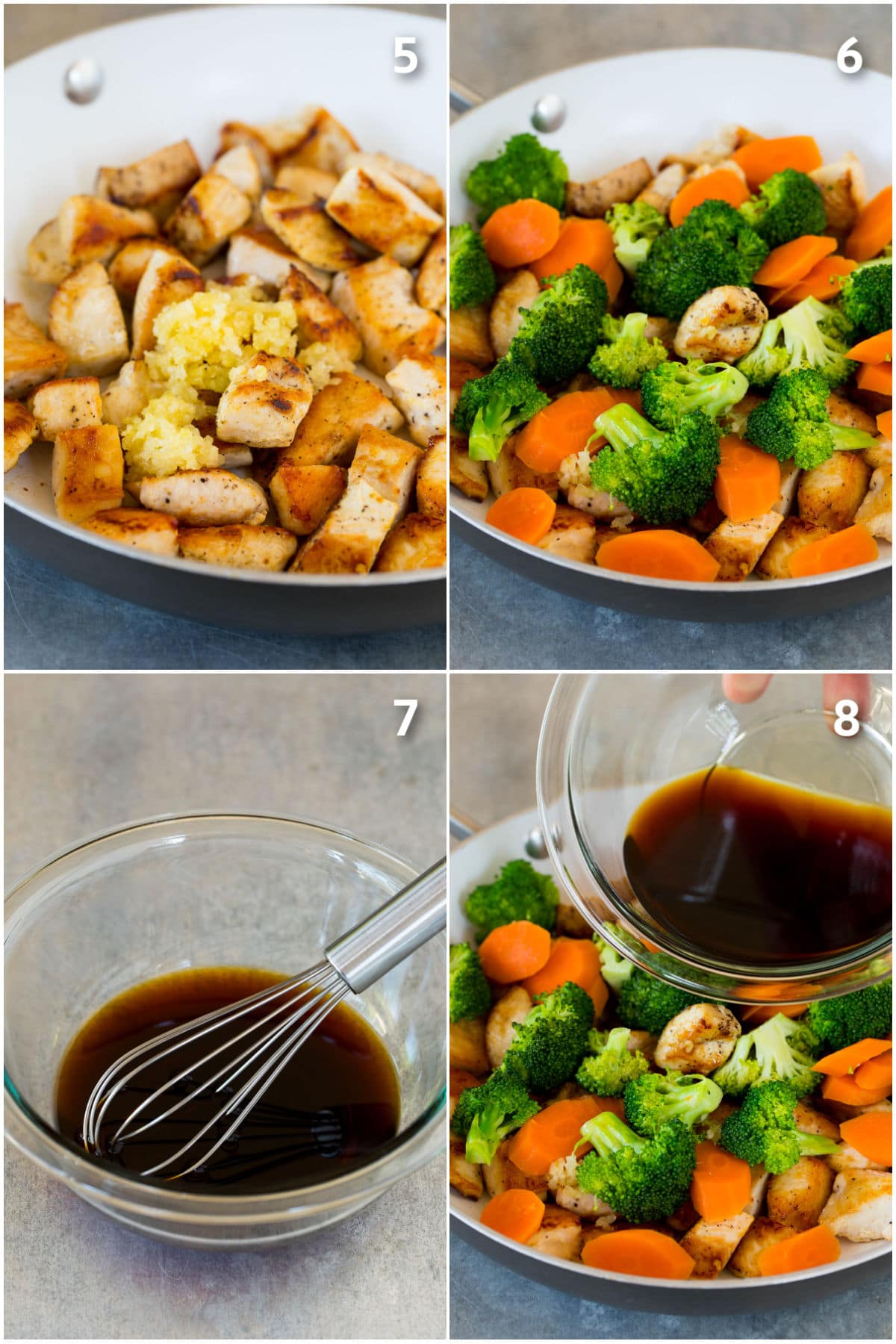 Step by step shots showing how to cook chicken and vegetables with stir fry sauce.