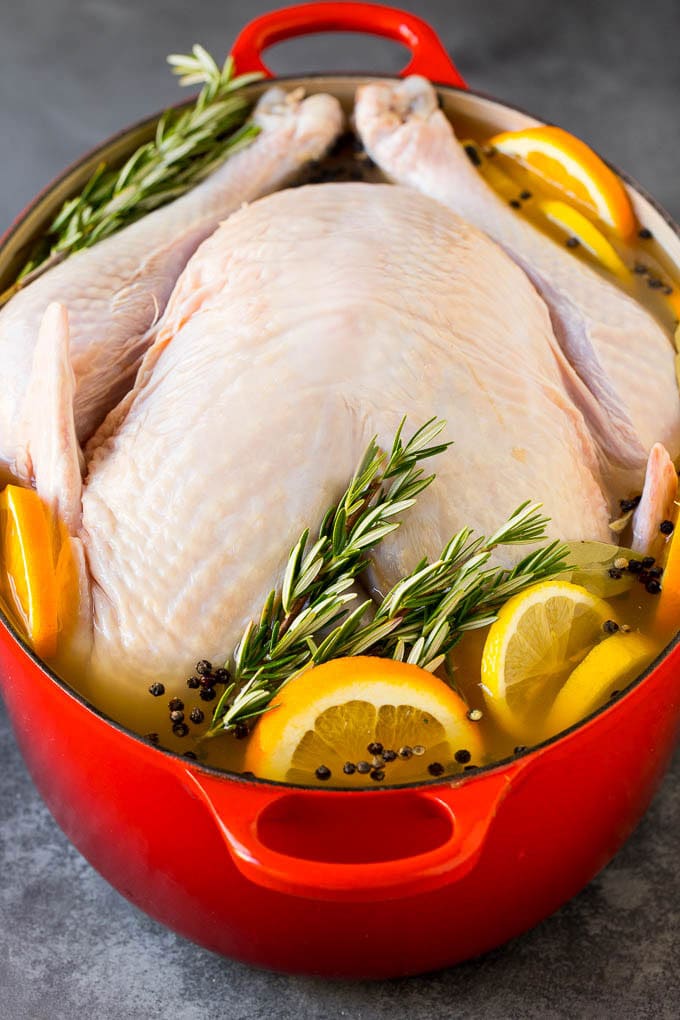 A turkey in a pot of brine.