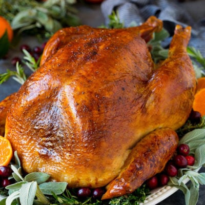 How to cook a turkey with a baked turkey on a serving platter.