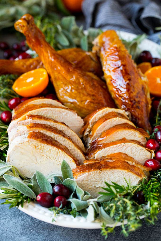 This is a complete guide on how to cook a turkey. How to cook a turkey with sliced and carved turkey on a platter.
