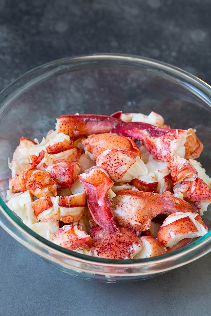 Chunks of lobster meat in a bowl.
