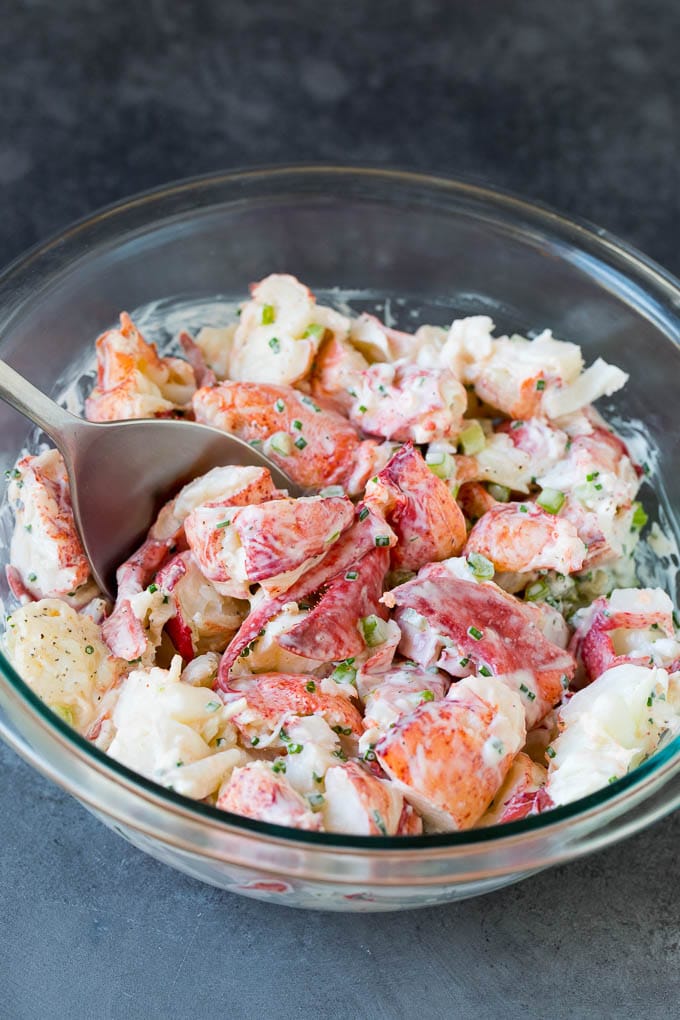 Lobster salad in a bowl in a creamy dressing.