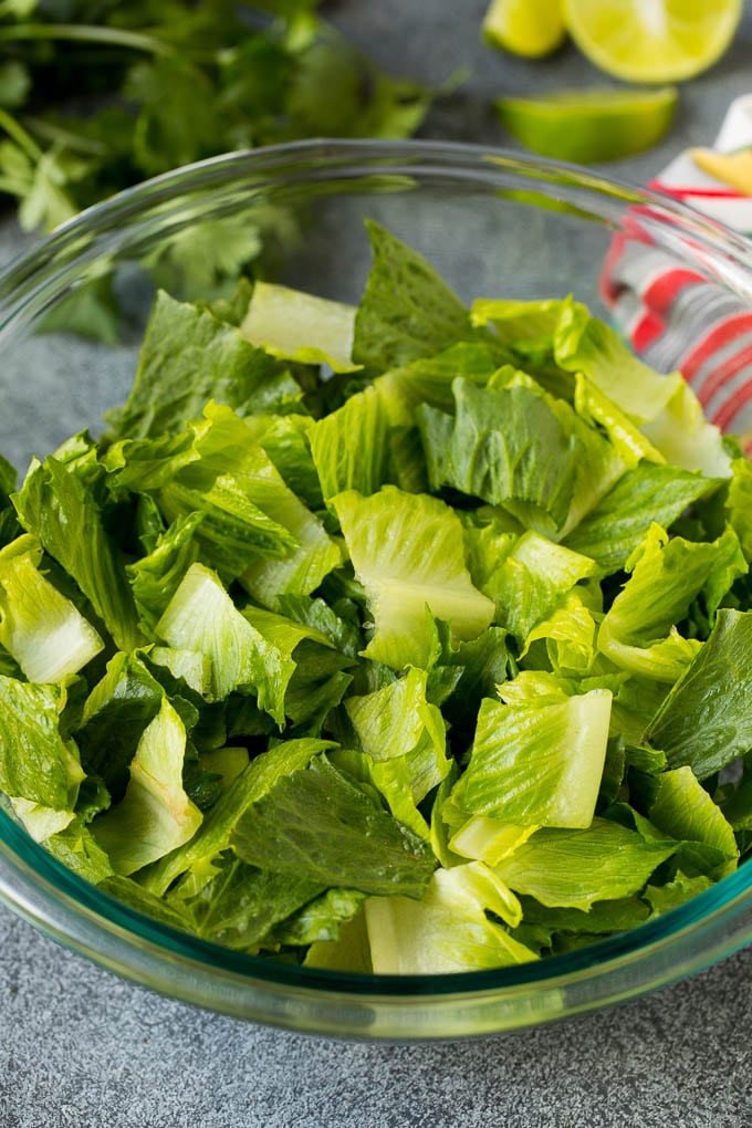 Chopped romaine lettuce in a bowl.