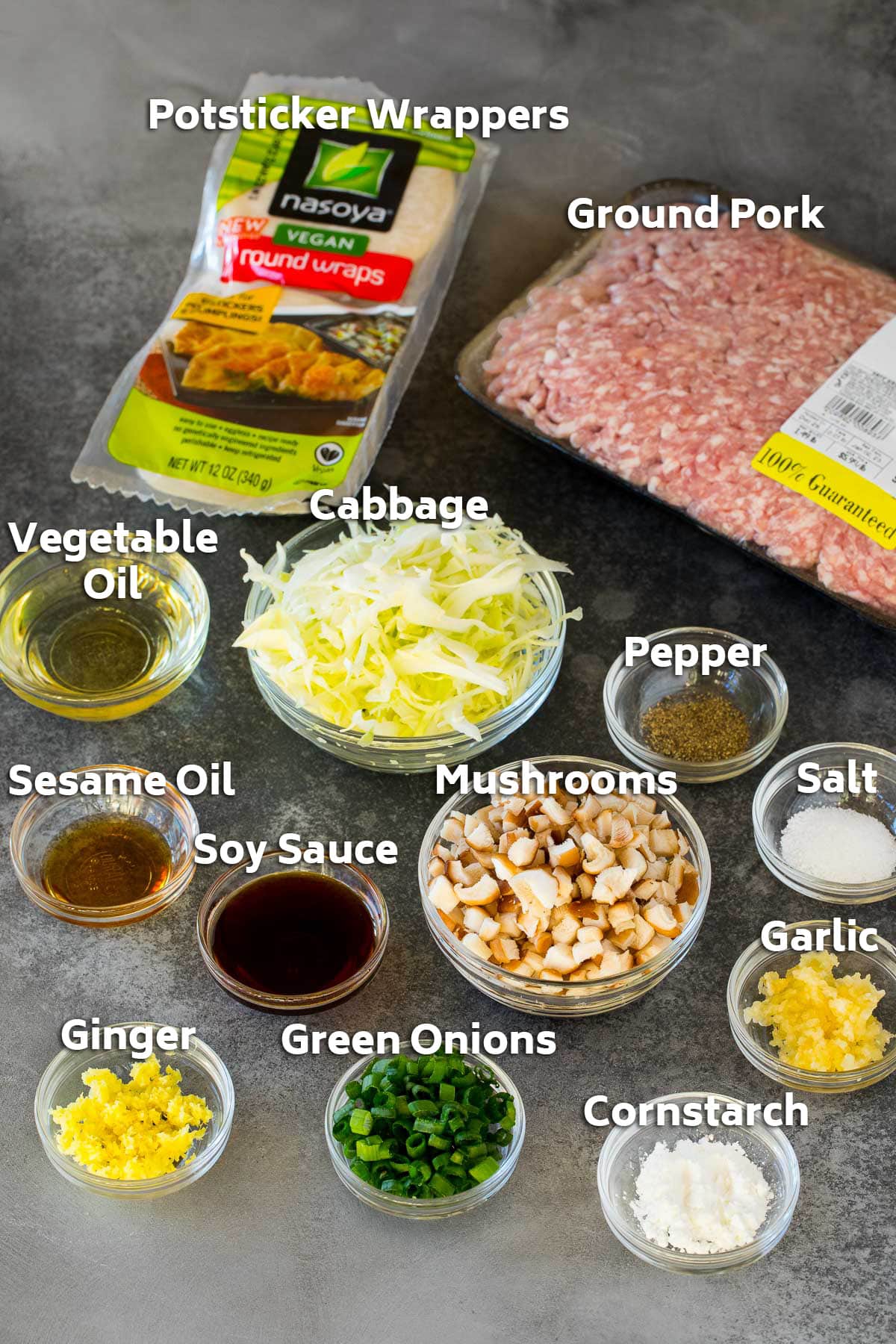 Ingredients to make dumplings including ground pork, vegetables, seasonings and spices.