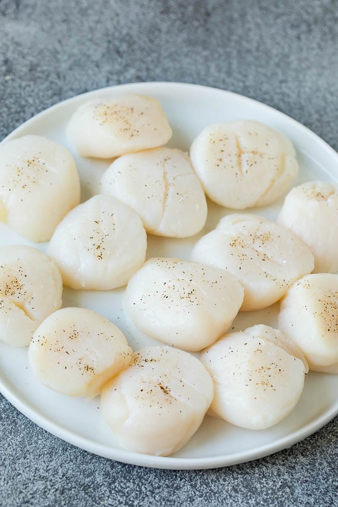 Raw sea scallops on a plate.