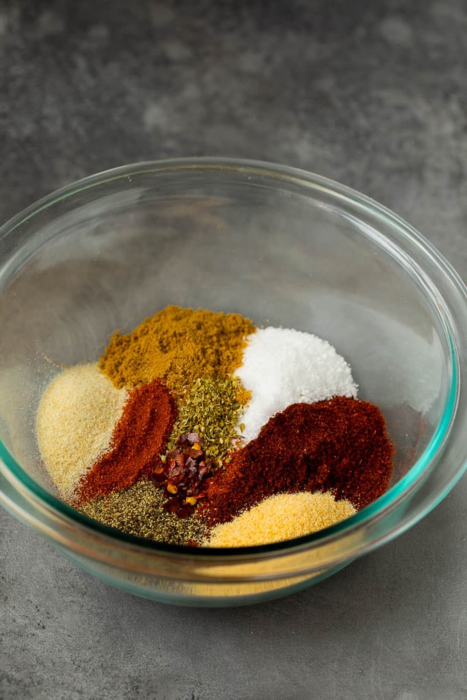 Herbs and spices in a mixing bowl.