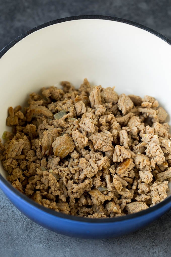 Ground turkey and onions in a pot.