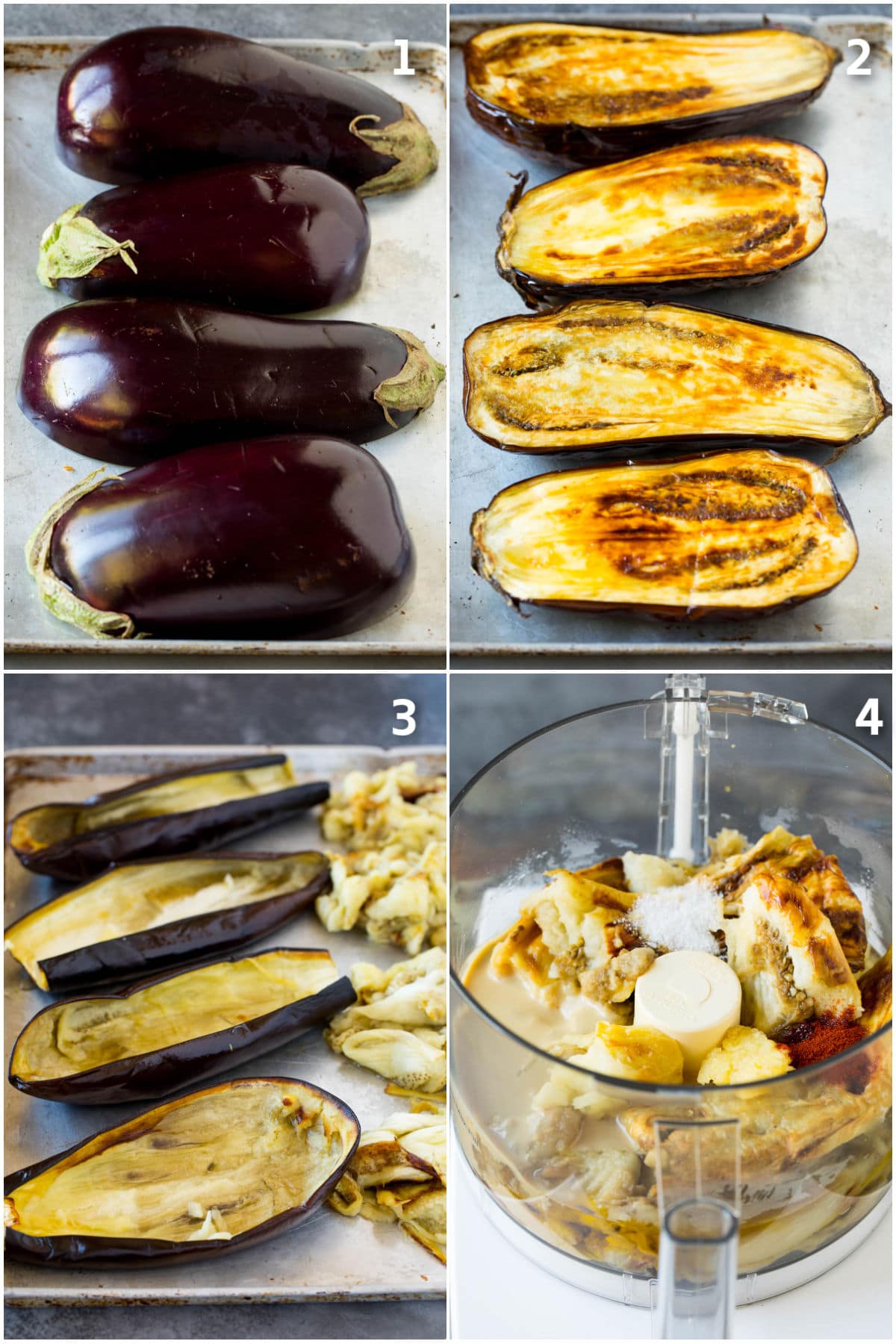 Process shots showing how to roast and puree eggplant.