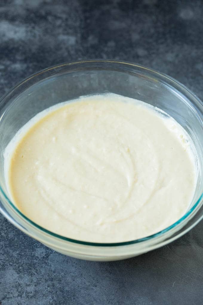 Pancake batter in a bowl.