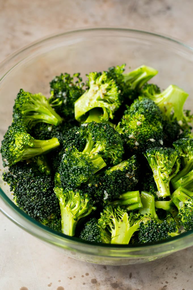 Broccoli tossed with olive oil, garlic and herbs.