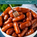 These little smokies are cocktail sausages simmered in the crockpot in a sweet and savory barbecue sauce. 