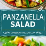 Panzanella salad with toasted bread cubes and colorful vegetables all tossed in a homemade dressing. #salad #dinneratthezoo