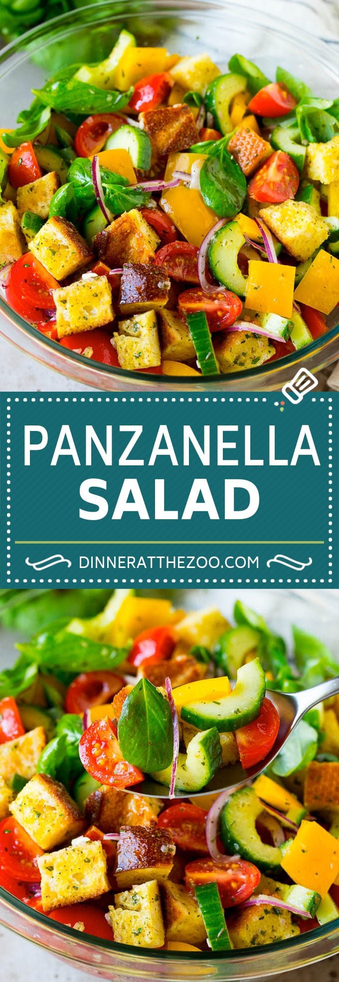 Panzanella salad with toasted bread cubes and colorful vegetables all tossed in a homemade dressing. #salad #dinneratthezoo