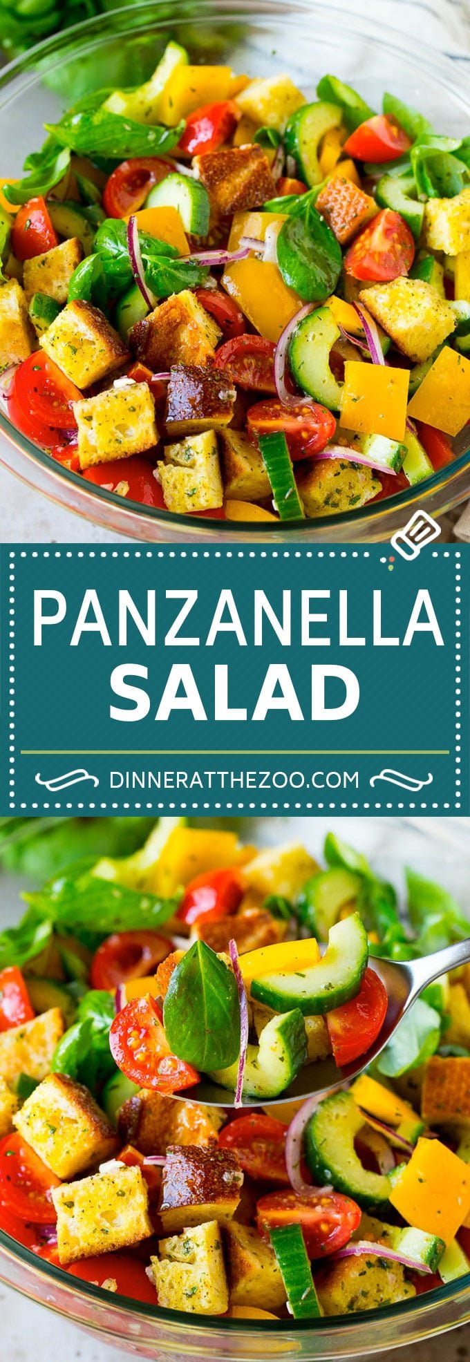 Panzanella salad with toasted bread cubes and colorful vegetables all tossed in a homemade dressing. #salad #dinneratthezoo