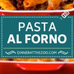Pasta al Forno is hearty rigatoni noodles tossed in a savory meat sauce then topped with cheese and baked. #pasta #dinneratthezoo