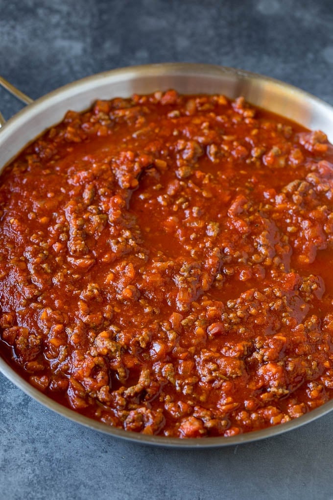 Meat sauce for pasta in a skillet.