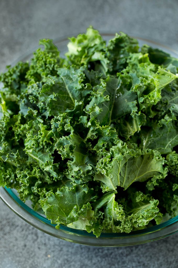 Chopped kale in a mixing bowl.