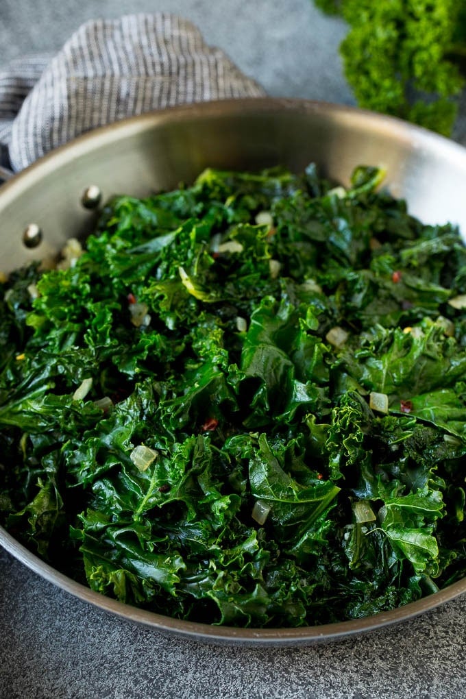 Cooked kale with olive oil, onions and garlic.