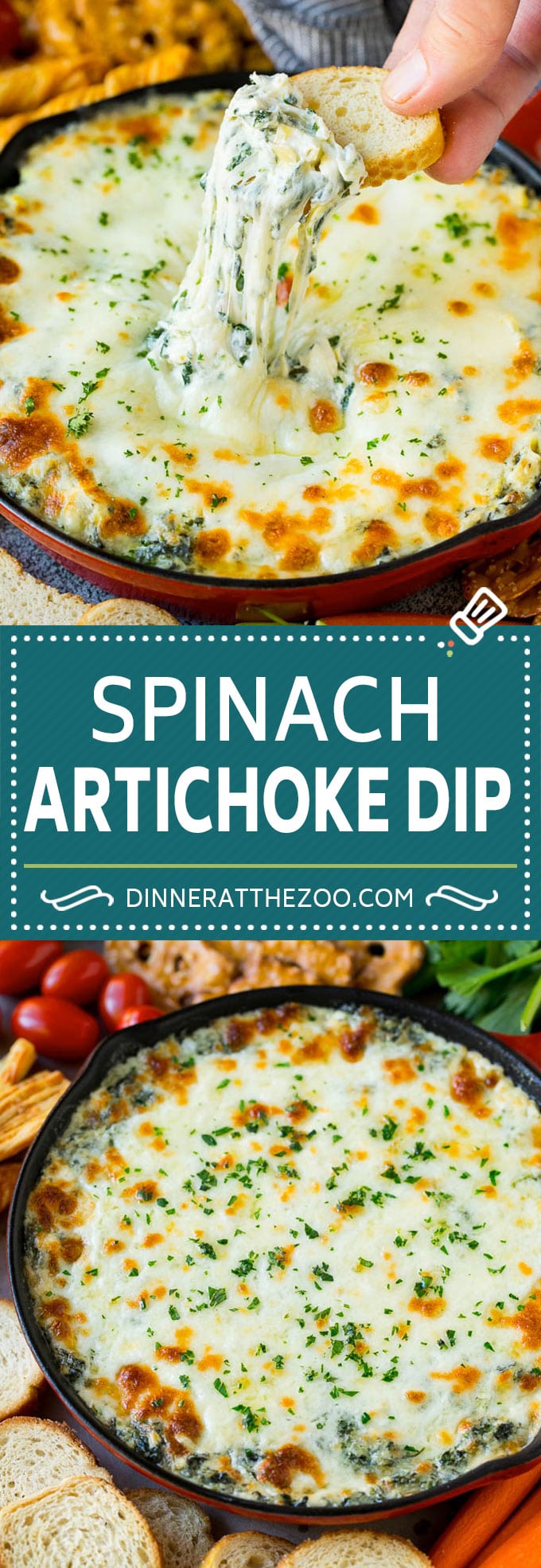Spinach artichoke dip is a classic appetizer that's easy to make and gets rave reviews! #dip #dinneratthezoo