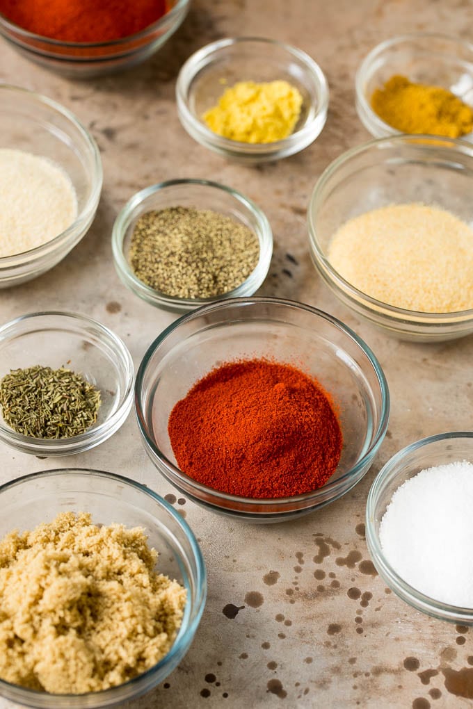 Spices in small bowls.