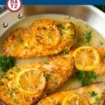 This chicken francese recipe is battered chicken breasts that are pan fried to golden brown perfection, then topped with a savory lemon sauce.