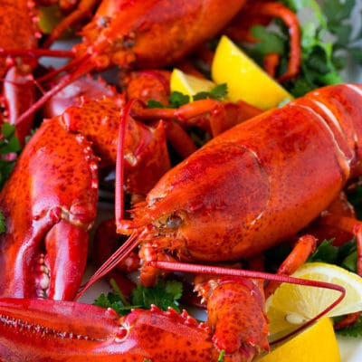 How to cook a lobster with boiled lobsters on a serving platter.