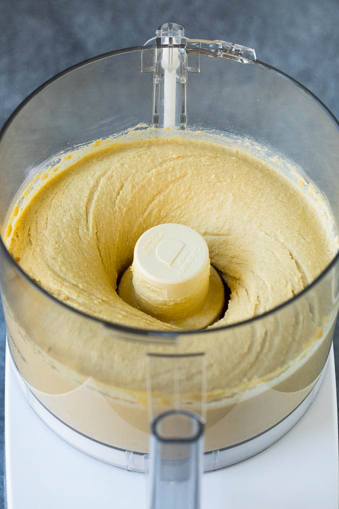 Hummus blended until smooth in a food processor.