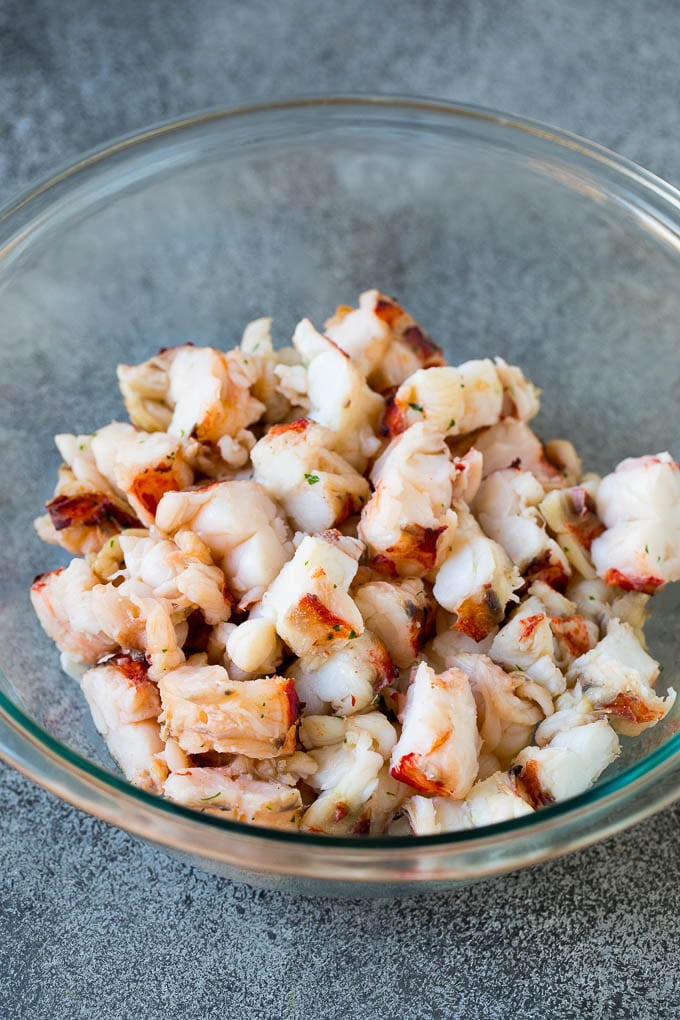 Diced lobster meat in a bowl.