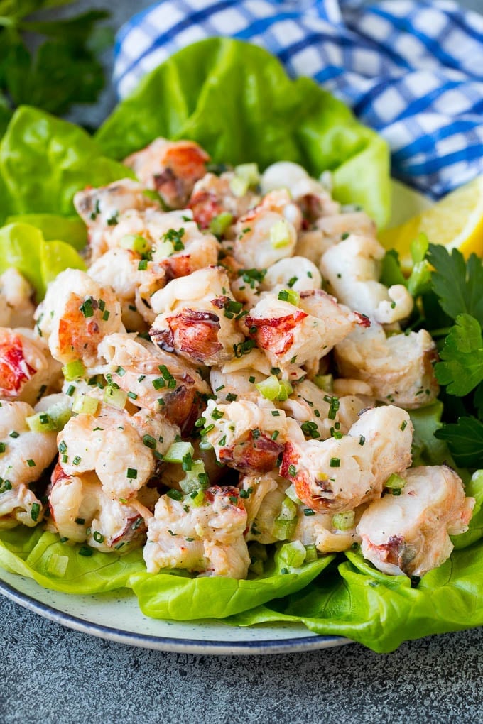 Lobster salad served on a bed of lettuce.