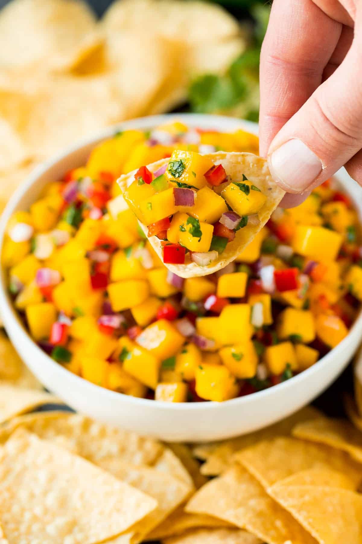 A hand holding a tortilla chip topped with mango salsa.