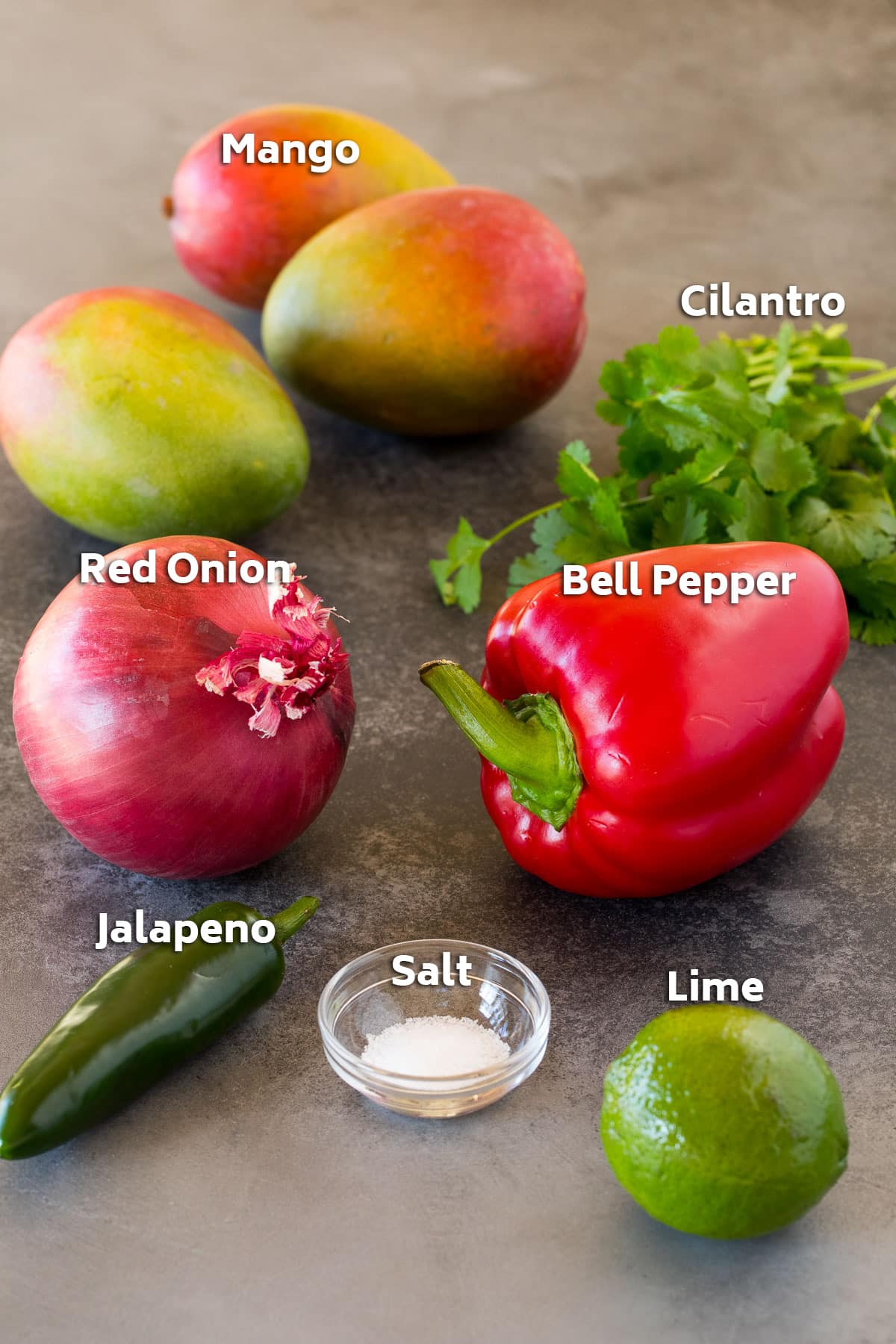 Ingredients including fresh fruit and vegetables, cilantro and salt.