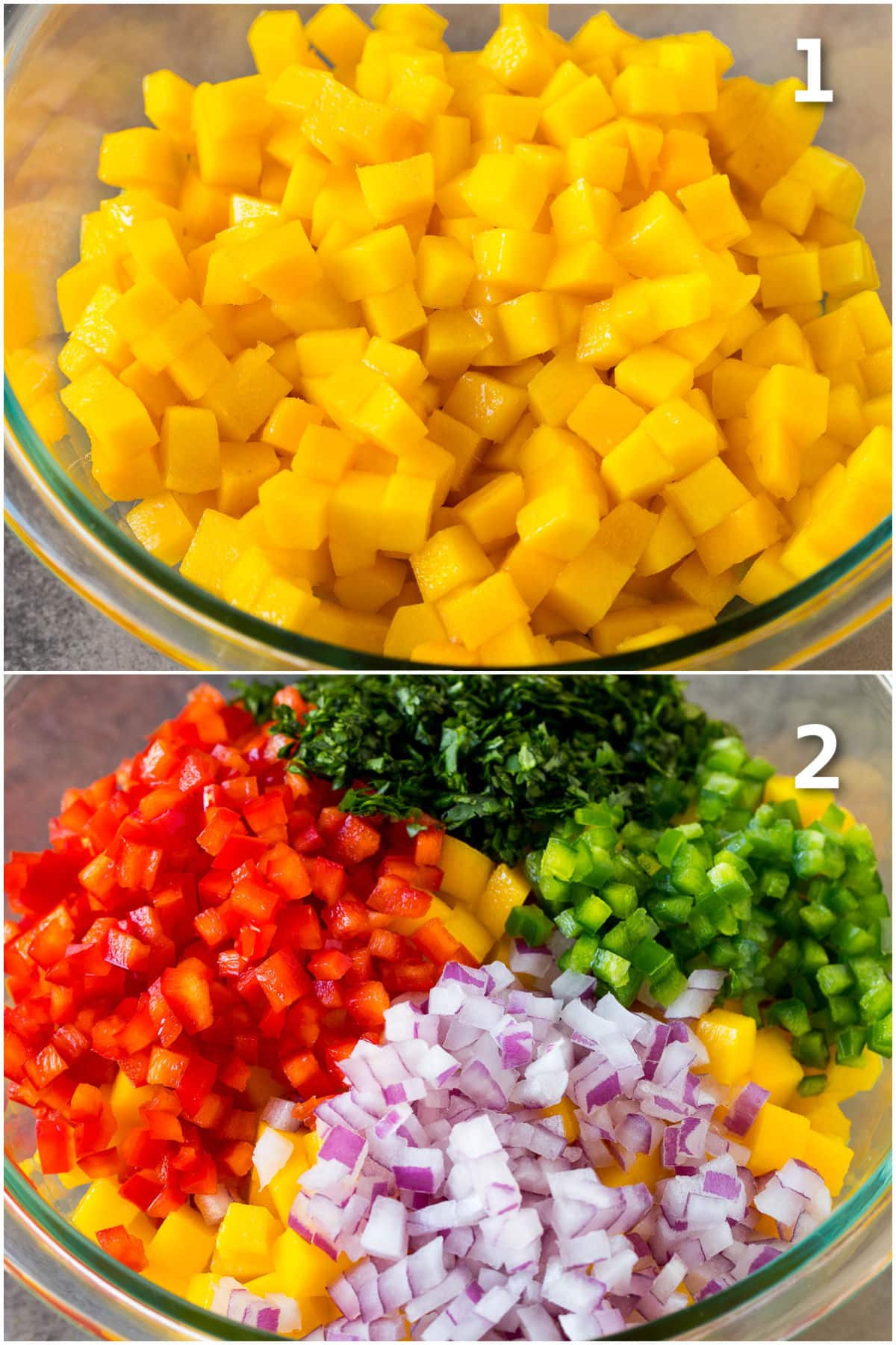 Shots showing how to combine diced mango and vegetables to make salsa.