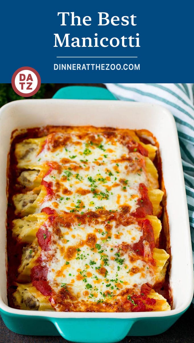 This manicotti recipe is Italian sausage with three kinds of cheese, stuffed into pasta then covered with sauce and baked to perfection.