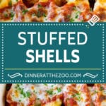 Baked stuffed shells filled with three types of cheese and topped with marinara sauce. #pasta #dinneratthezoo