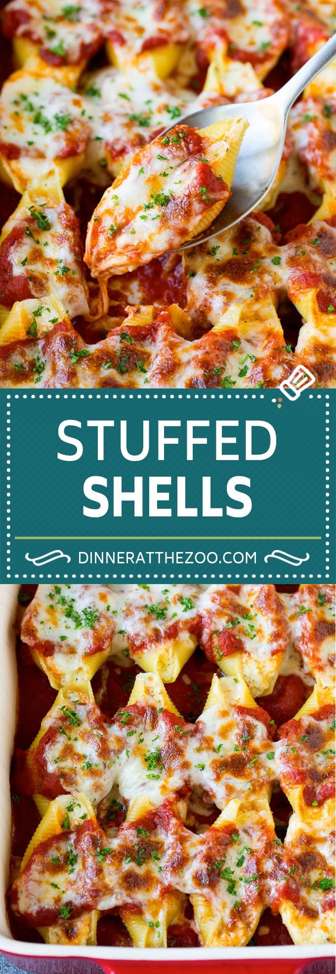 Baked stuffed shells filled with three types of cheese and topped with marinara sauce. #pasta #dinneratthezoo