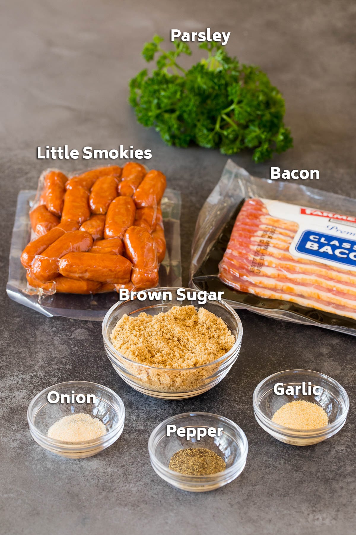 Ingredients including smokies, bacon, brown sugar and spices.