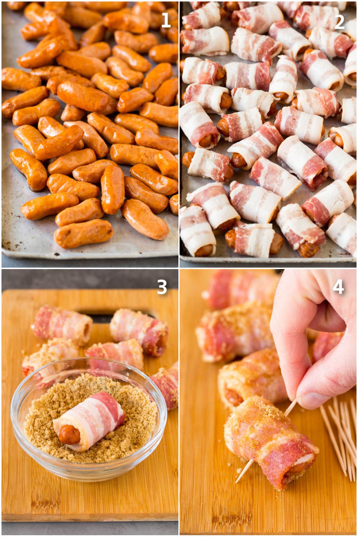 Step by step process shots showing how to make bacon wrapped smokies.