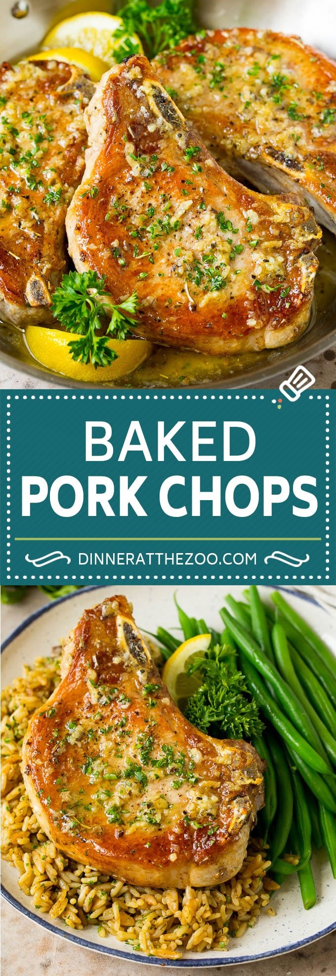 These baked pork chops are coated in garlic and herb butter, then oven roasted to golden brown perfection.