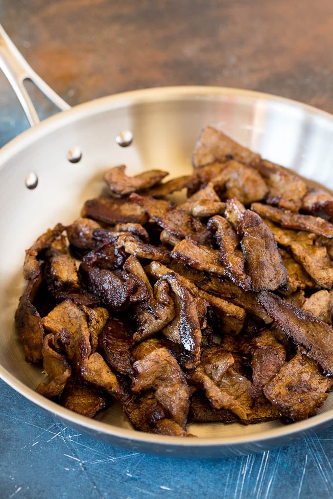 Seared steak in a skillet.