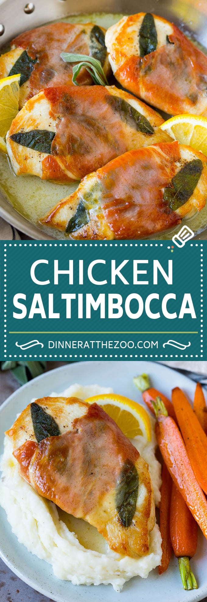 Chicken saltimbocca is chicken cutlets flavored with sage and prosciutto in a lemon sauce. #chicken #dinneratthezoo