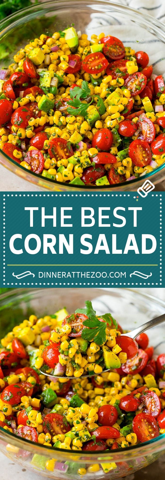 Easy corn salad with tomato and avocado, all tossed in a zesty lime dressing.