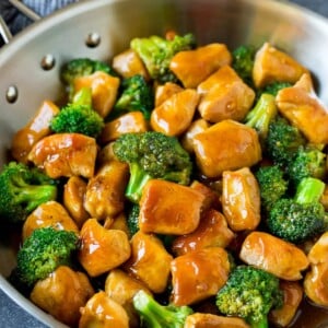 Ginger chicken and broccoli in a pan.