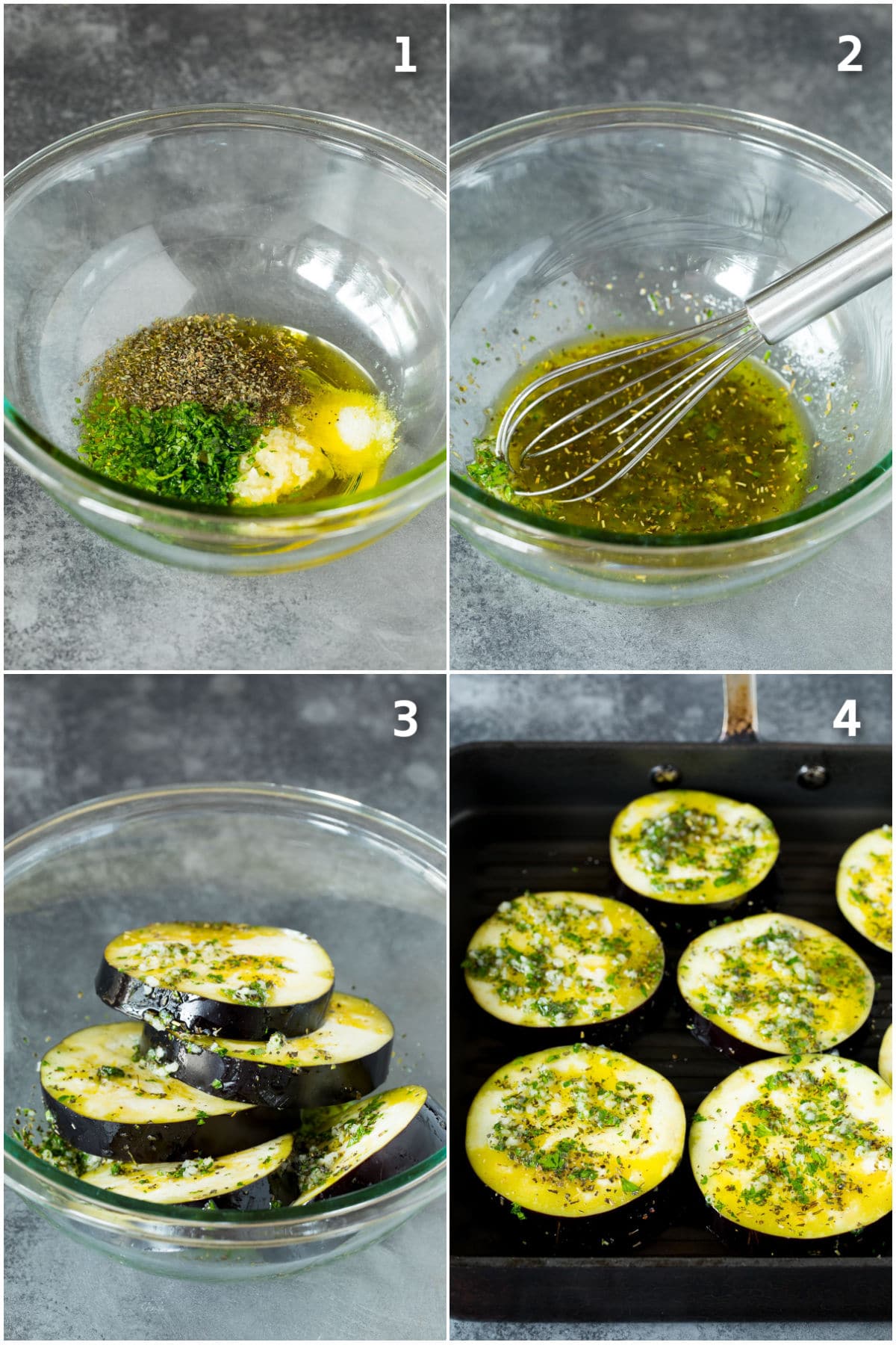 Step by step process shots showing how to marinate eggplant.