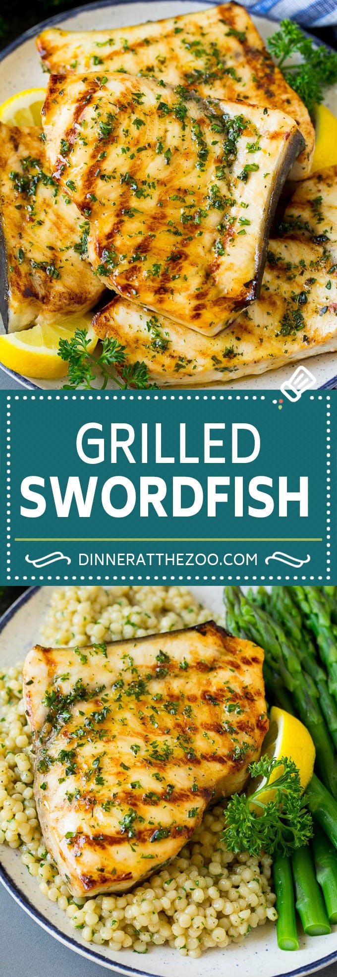 This grilled swordfish is marinated in lemon, garlic, olive oil and herbs, then seared on the grill until golden brown.