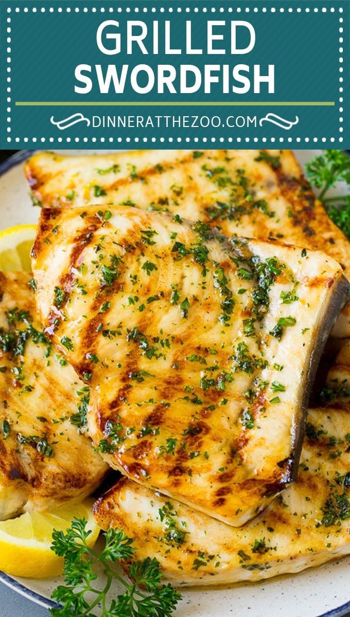 This grilled swordfish is marinated in lemon, garlic, olive oil and herbs, then seared on the grill until golden brown.